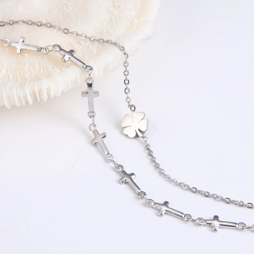 Foot Chain of Women Men Silver Color Four-leaf Clover Stainless Steel Anklet Simple Beads Fashion Jewelry Accessories New anklet