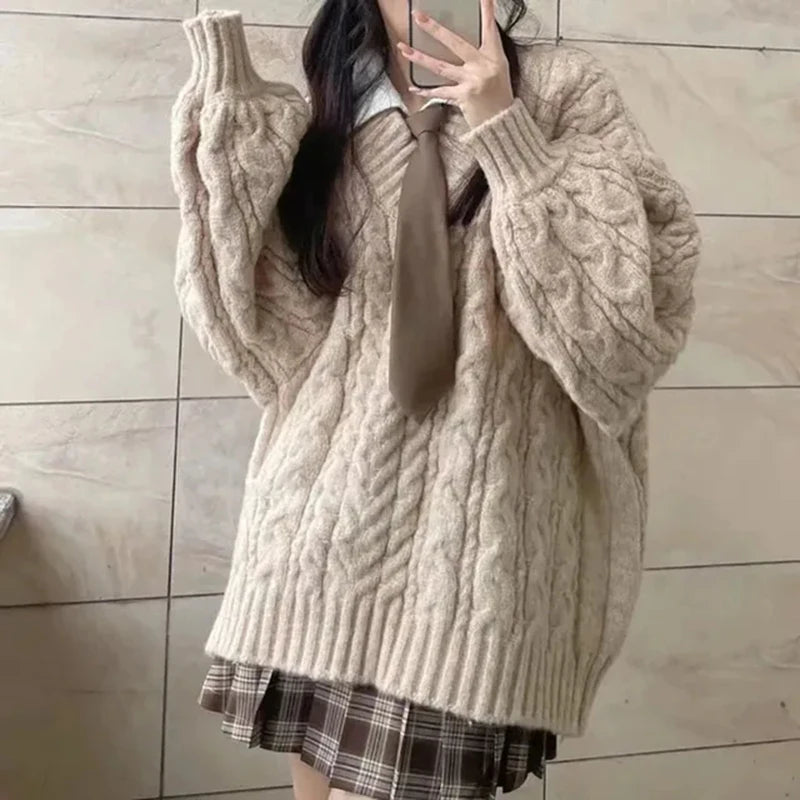 Autumn Winter Women Sweater Harajuku Oversized Knitted Pullovers Korean Long Sleeve V Neck Knitwear Preppy Solid Loose Jumper  sweater