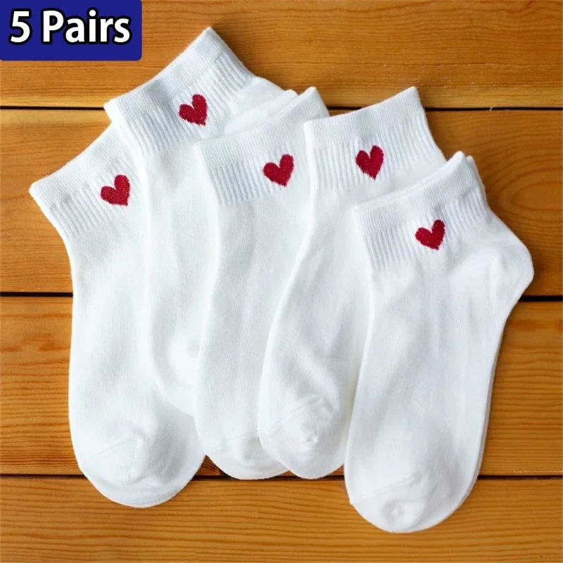 5 Pairs Lovely Heart Cotton Socks Women Summer Fashion Black White Sports Short Socks Girls Cute Style Low Tube Boat Socks 35-40 Socks