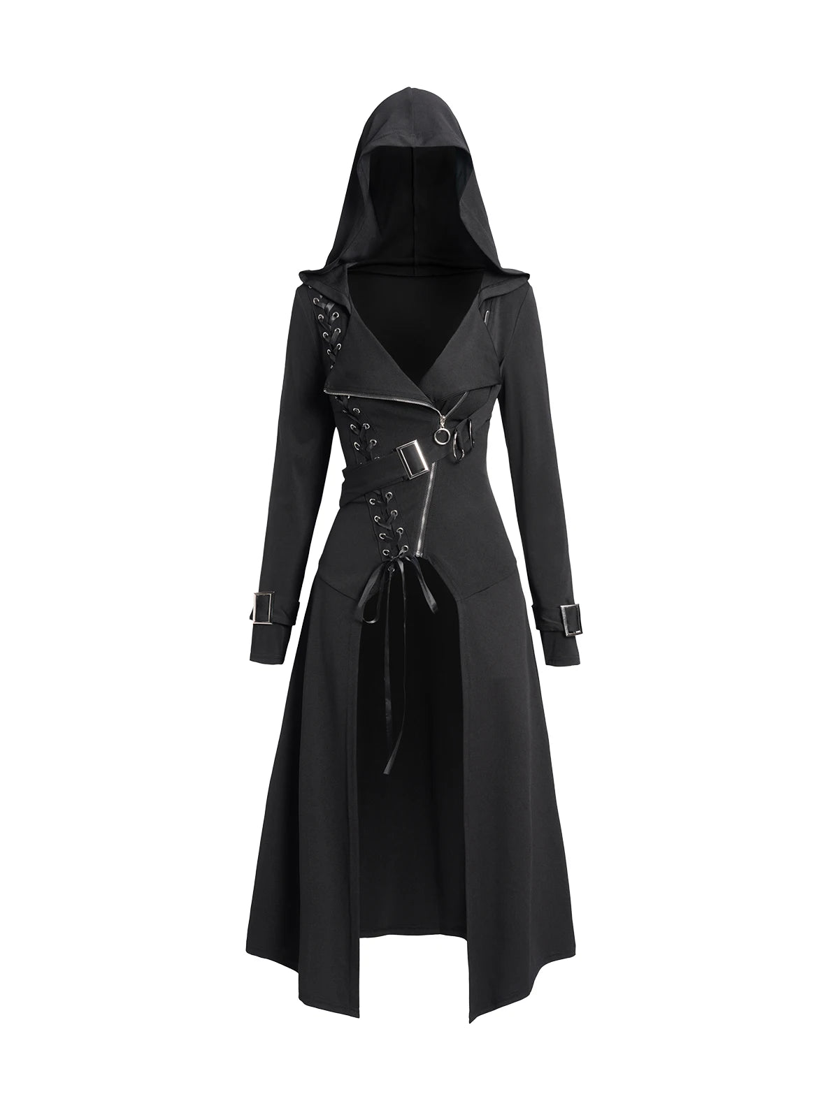 Cappotto con cappuccio punk gotico autunno nuovo tinta unita con lacci e cerniera soprabito per donna manica lunga trench lungo cappotto outwear