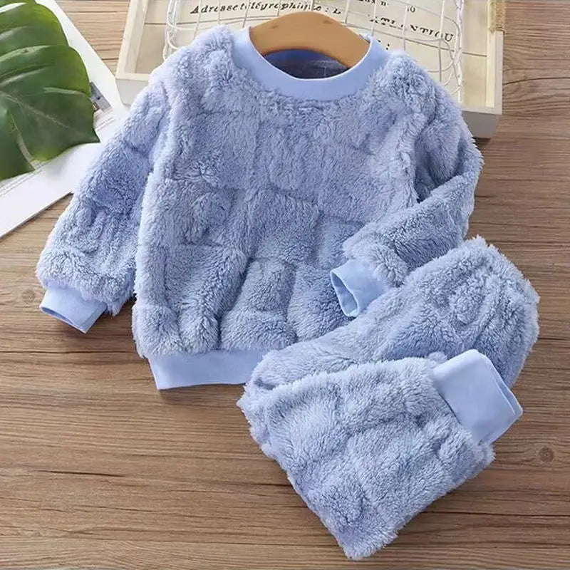 Baby flannel pajamas Korean casual solid color home clothing set for childrens long sleeved pajamas and girls warm underwear set night wear girls