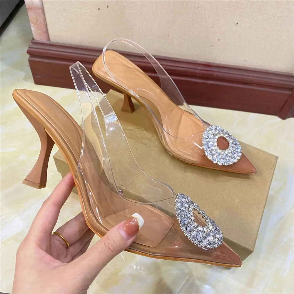 Luxury Brand Women High Heels Rhinestone Fashion Sandals 2023 Summer Transparent Shoes Ladies Pumps Slingbacks Plus Size 42