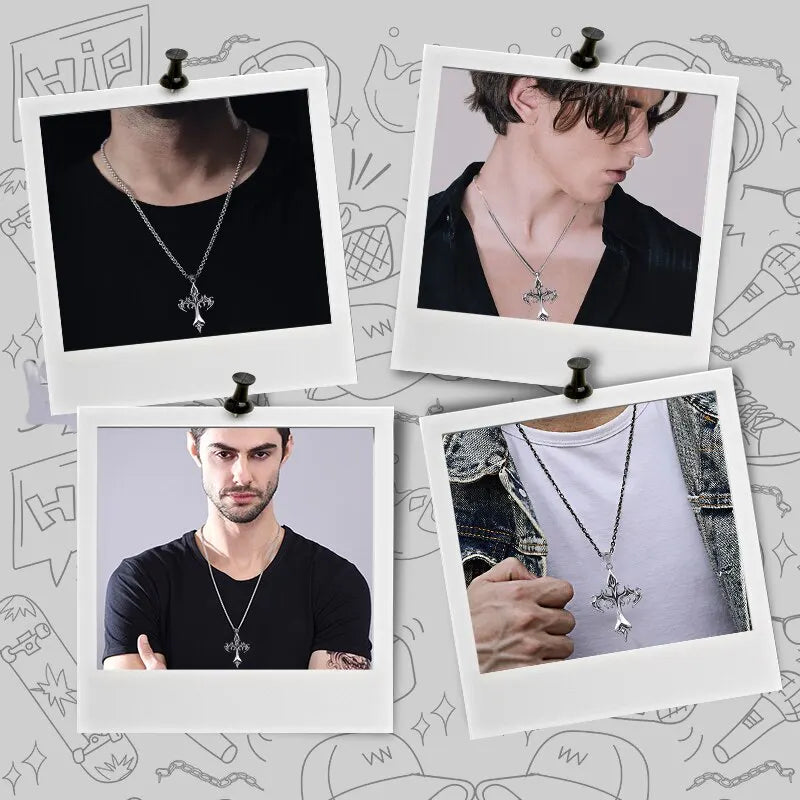 Hip Hop Fashion Jewelry Unique Design Stainless Steel Flame Cross Pendant Necklace Goth Necklaces Gift for Women Men  necklace