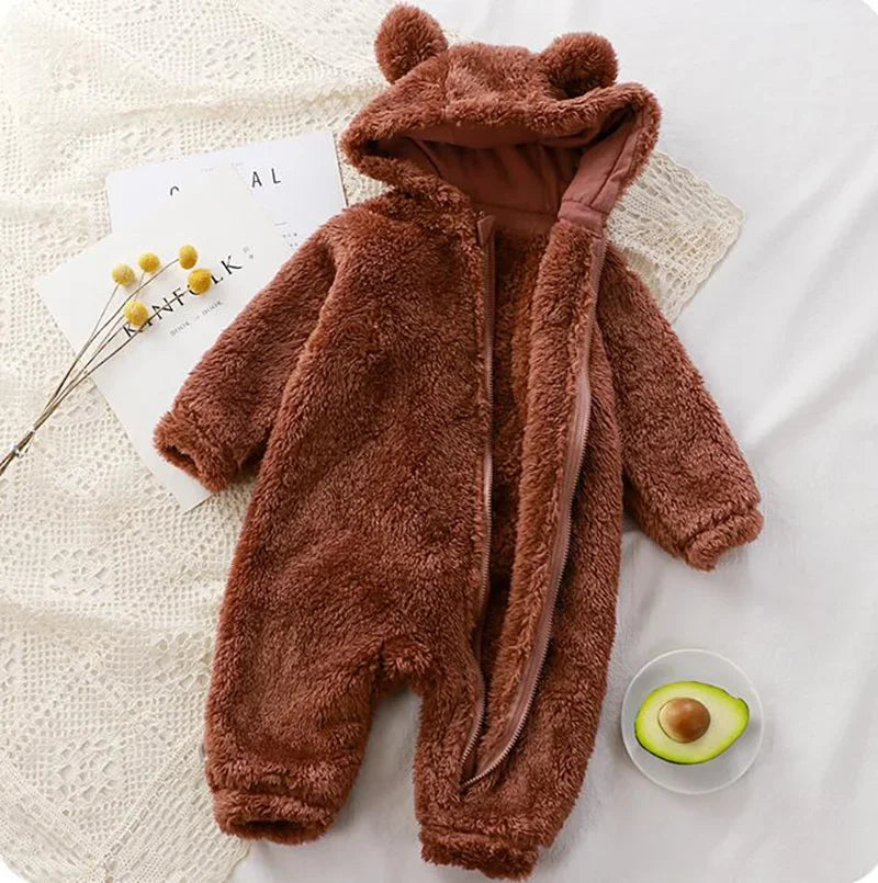 Thick Warm Baby Rompers Cute Winter Infant Jumpsuits Hooded Coral Fleece Bear Shape Newborn Soft Pajamas Overalls Clothing infants boys