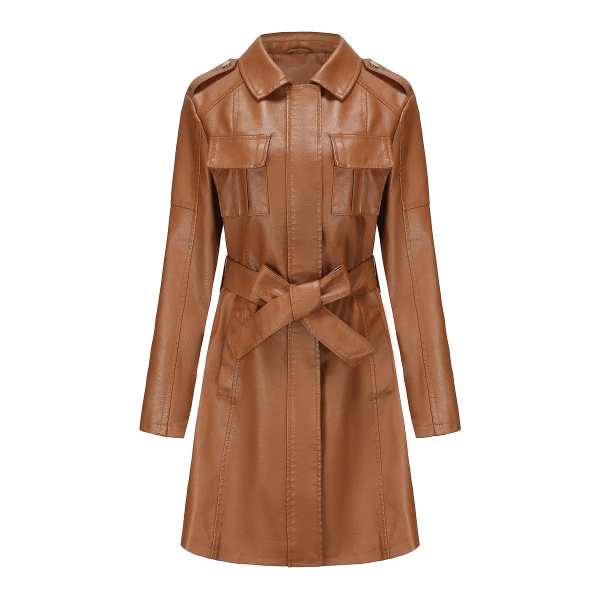 Women's Mid-length Leather Trench Coat with Belt，Solid Color