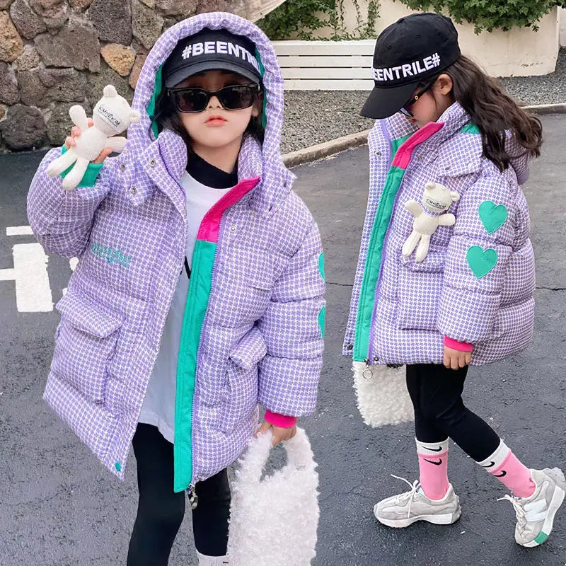 Winter Keep Warm Princess Girls Jacket Grid Design Padded Lining With Velvet Hooded Heavy Coat For Kids Sent Bear Doll girls jackets and coats