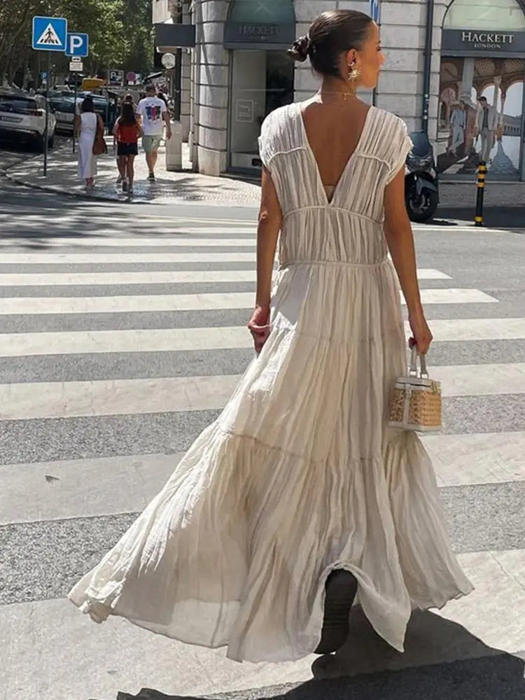 Solid Color Elegant Women's Dresses Fashion Retro Pleated Sleeveless Long Dresses Women Casual Loose Backless Beach long  Dress party dress