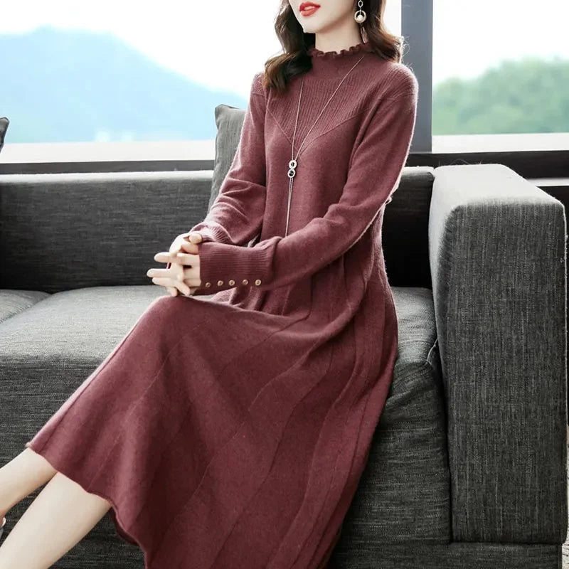 New Woolen Dress Women's Long Pullover Loose Over Knee Dress Versatile Elegant Knitwear Bottom Long V-Neck long  Dress