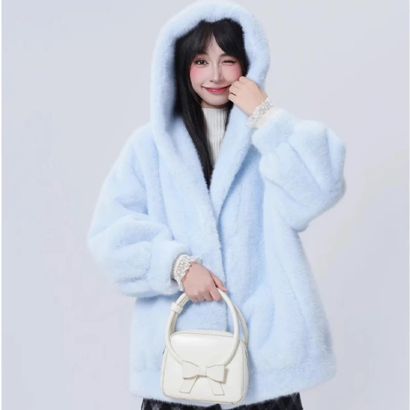 Faux Mink Fur Coat Women Thick Coat Autumn Winter New Casual Hooded V-neck Lady Clothes Fur Jacket elegant Short Coat