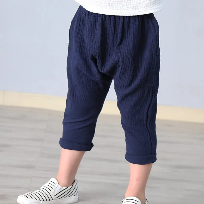 Kids Pants Boy Girl Summer Solid Color Linen Pleated Trousers Children Ankle-length Pants for Baby Casual Harem Pants  bottom boys