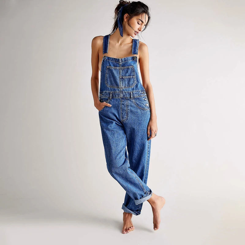 Washed Denim Overalls For Women, Internet Celebrity Style, Age-reducing, Loose Wide-leg Floor-length Trousers, jumpsuit