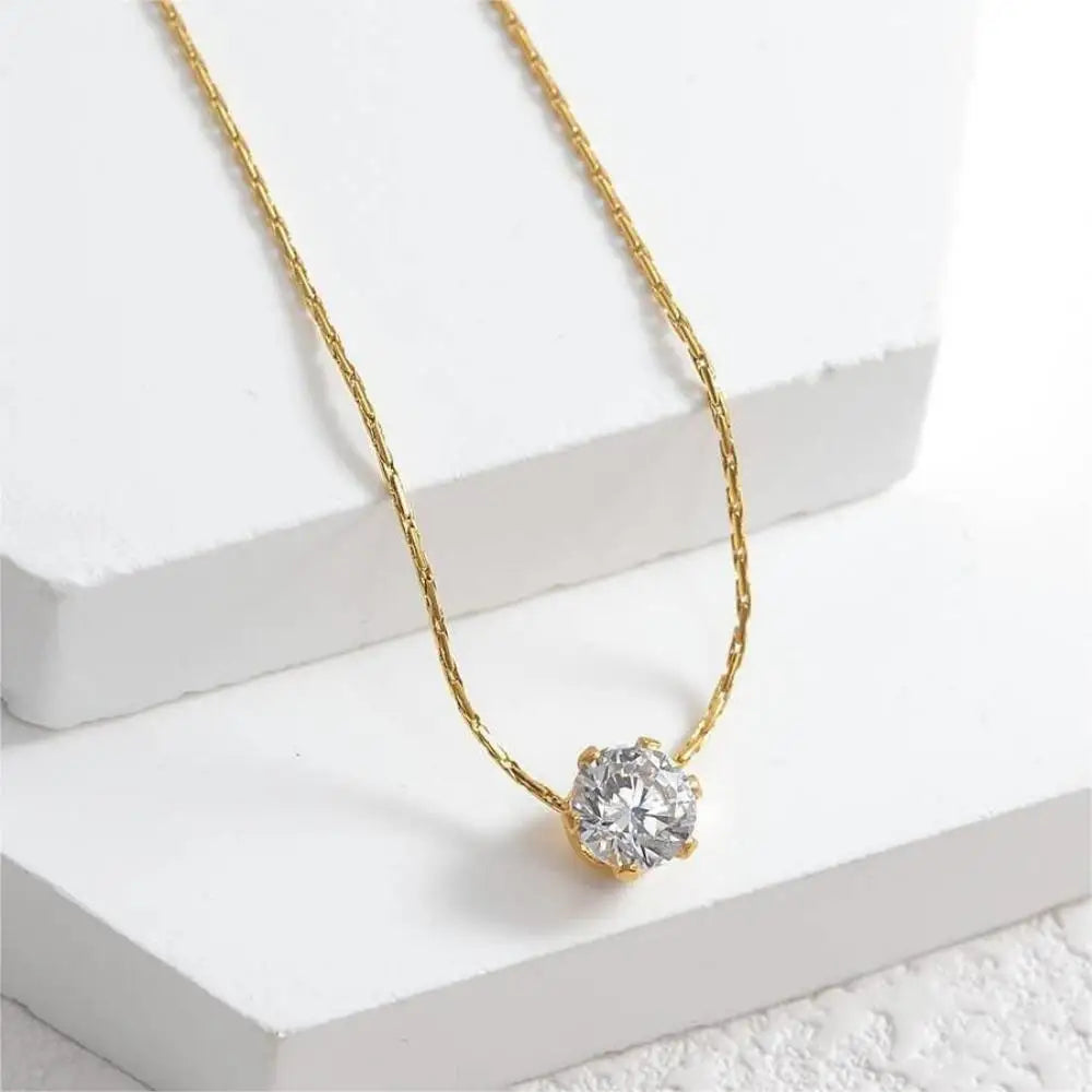 Gold Plated Stainless Steel Dainty Minimalist Zircon Charm Anti Tarnish Chain Round Clear Cz Stone Necklace for Women Jewelry  necklace