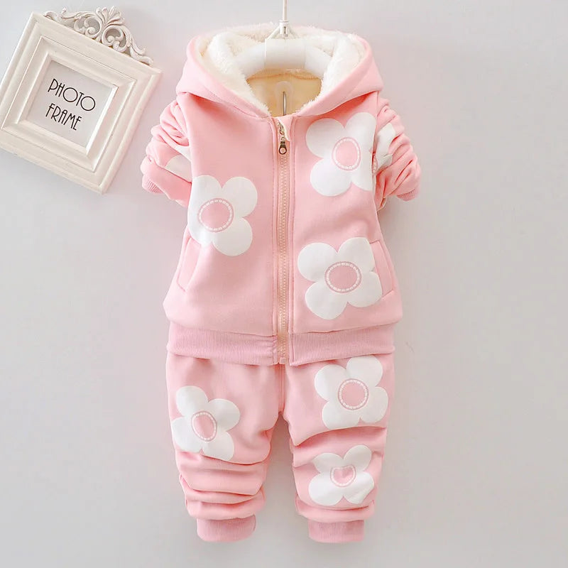 Baby Girls Flower Cartoon Thickk Woolen Autumn Winter Hoodied Jacket Coat Pants Clothing Set Children Kids Warm Clothes Suits infants girls