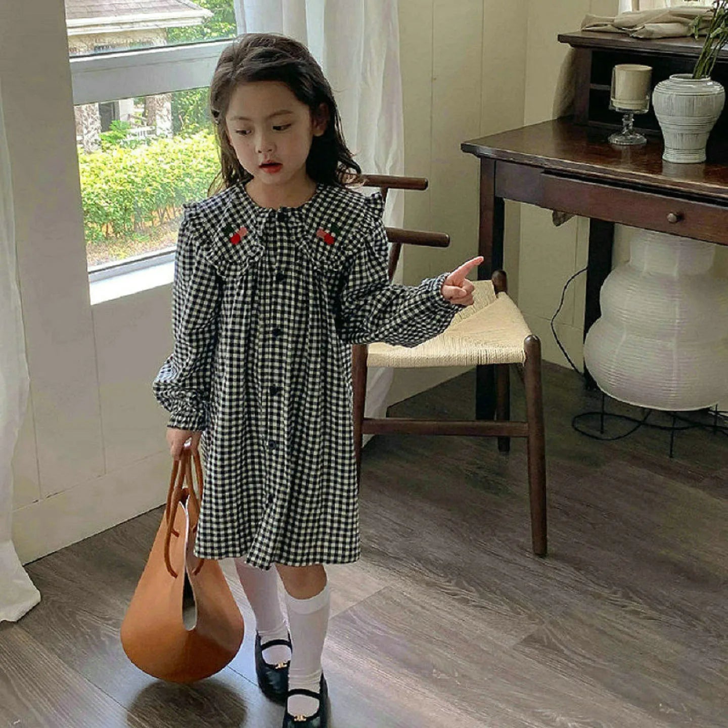 Girls Dress big collar cherry plaid dress princess Dress spring and autumn new style Clothes girls dresses