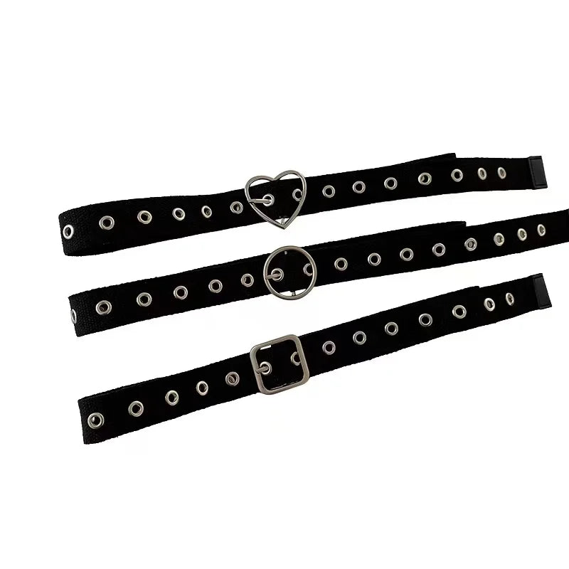 Perforated black canvas belt student unisex whole jeans metal cutout extended belt with hipster waistband belt