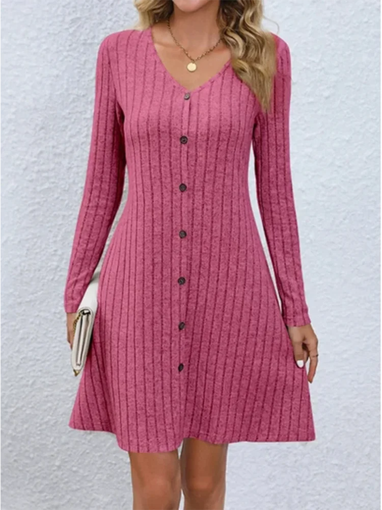 Women's V-Neck Button Dress Monochromatic A-line Casual Comfortable Spring Autumn Trend long dress