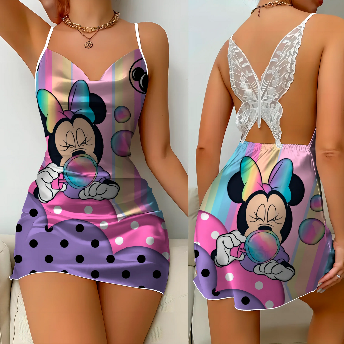 Mini Dress Pajama Skirt Bow Knot Party Dresses Satin Surface Minnie Mouse Disney Mickey Womens Fashion party dress