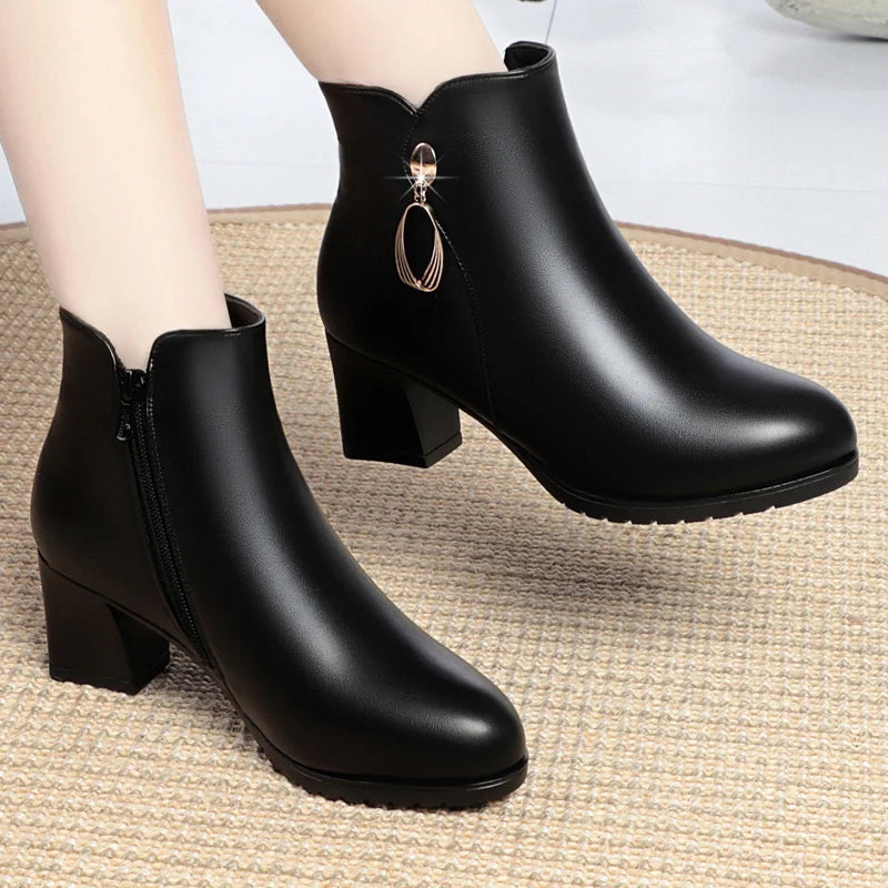 Soft Leather Women's Warm Wool Snow Boots High Heel Black  Beige New Winter Stylish Anti-slip Side Zipper Ankle Boots