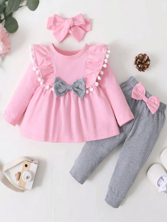 0-2 Year Old Newborn Baby Girl Spring and Autumn Round Neck Long sleeved Dress with Solid Color Pants Fashion Set infants girls