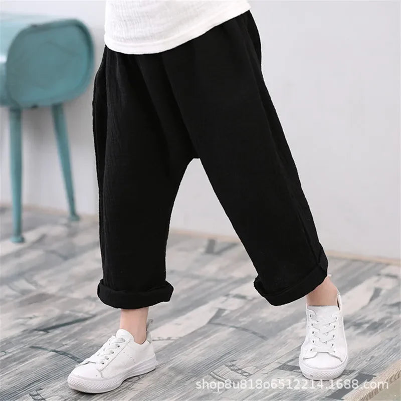 Kids Pants Boy Girl Summer Solid Color Linen Pleated Trousers Children Ankle-length Pants for Baby Casual Harem Pants  bottom boys