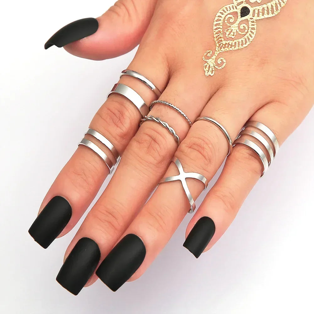 10Pcs Rings Suit For Women Silver-color Chain Ring Set Bohemian Style Coin Snake Moon Star Party Trend Gift Jewelry  rings