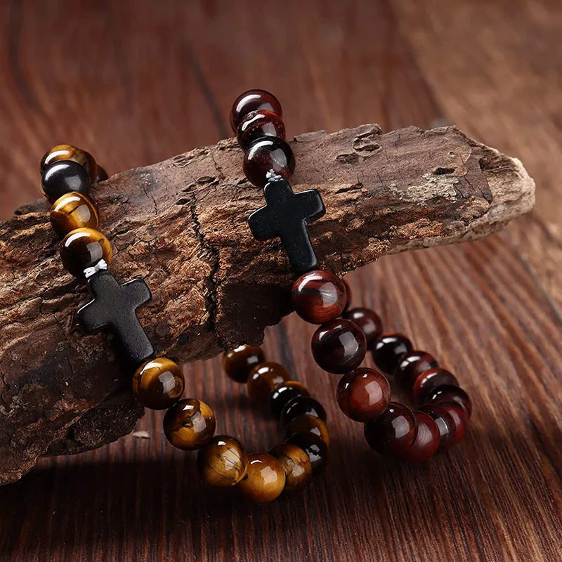 Prayer Men Natural Stone Wood Beads Rosary Hematite Cross Bracelets Onyx Meditation Bracelet Women Yoga Jewelry Homme Pulsera bracelete