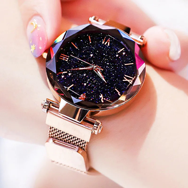 Womens Fashion Starry Sky Watches Magnet Buckle Mesh Belt Diamond Quartz Watch Women Dress Clock watch