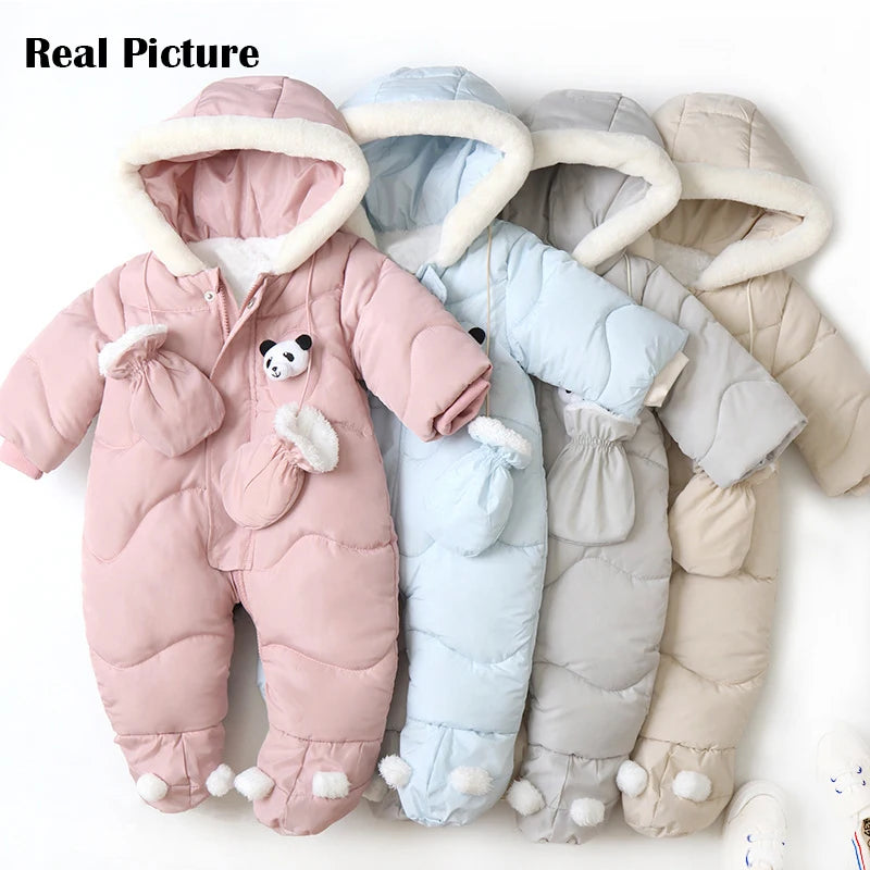 Winter Newborn Baby Romper Warm Panda Boy Jumpsuit With Gloves Cotton Plus Velvet Infant Clothing Hooded Baby Girl Clothes 0-18M infants boys