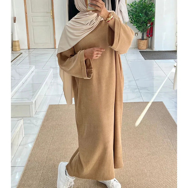 Corduroy Abaya Winter With Side Pocket Thick Warm Ramadan Islamic Clothing High Quality Muslim Women Long Sleeve Modest Dress abaya