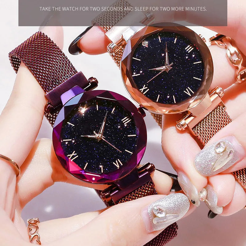 Womens Fashion Starry Sky Watches Magnet Buckle Mesh Belt Diamond Quartz Watch Women Dress Clock watch