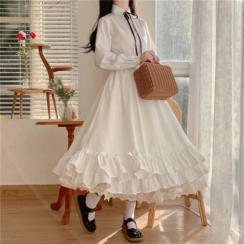 Japanese ruffles pleated skirt woman sweet high waist loose Ankle-length skirts women college style black patchwork A-line skirt