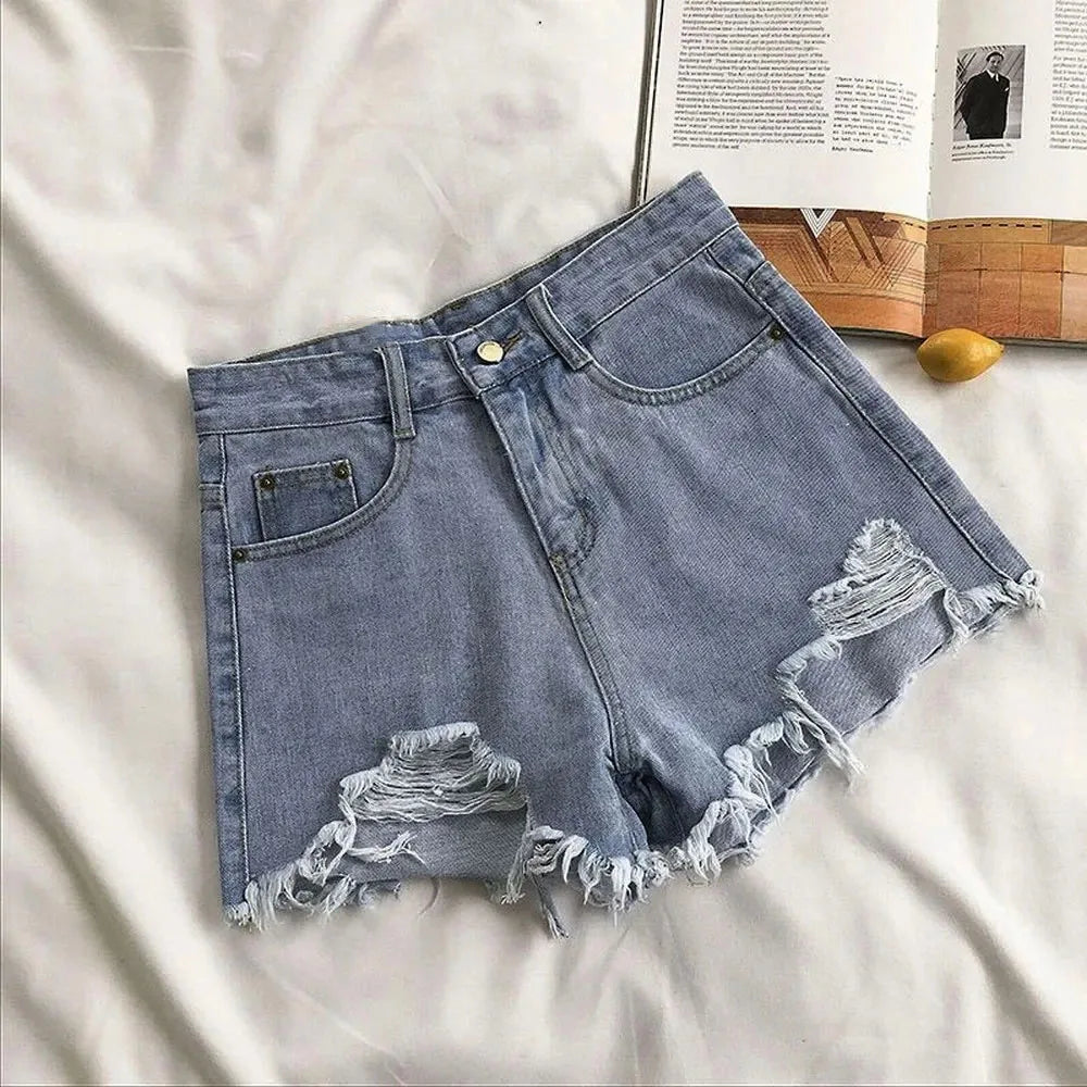 Women's Cowboy Shorts High Waist Casual Blue Denim Shorts Pocket Tassel Perforated Fashion Shorts Y2K Female Jeans shorts