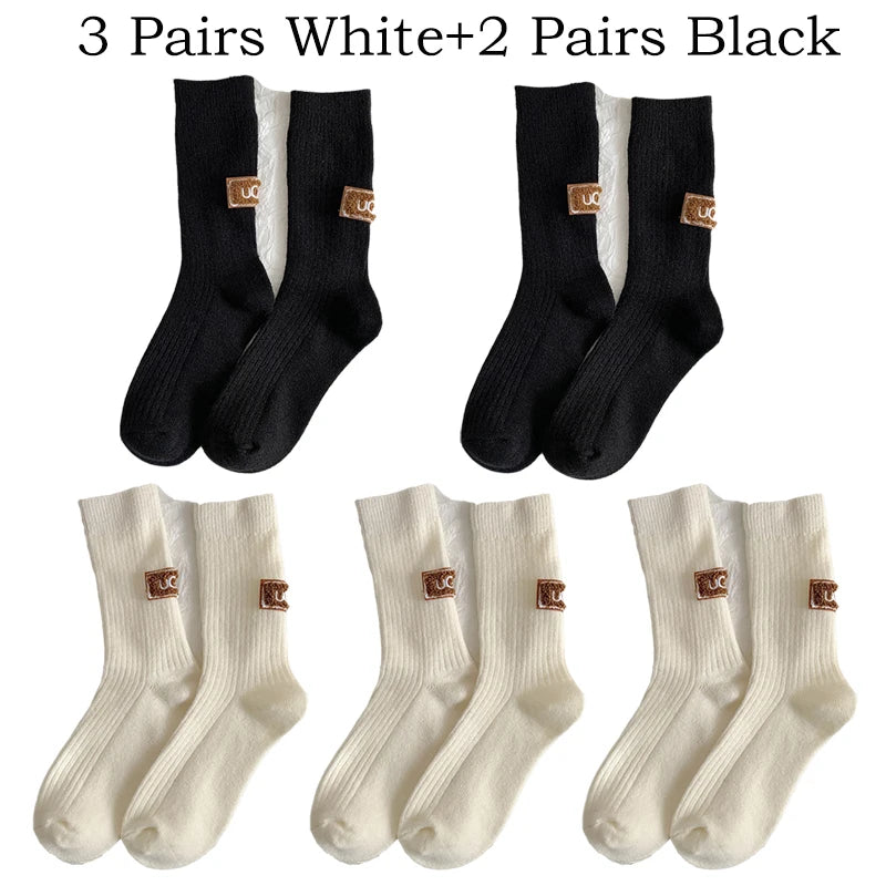 5 Pairs Winter Socks Women Cashmere Wool Socks Solid Warm Thickened Pile Embroidered Logo Mid-Calf Socks Casual Snow Boot Socks