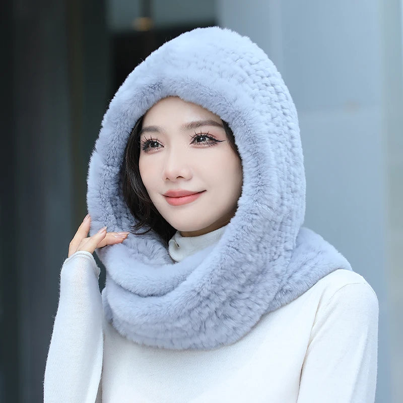 Hot Sale New Women Real Knitted Rex Rabbit Fur Hat Hooded Scarf Long Winter Warm Fur Hat With Neck Collar Scarves Hat Scarf scarf and shawl