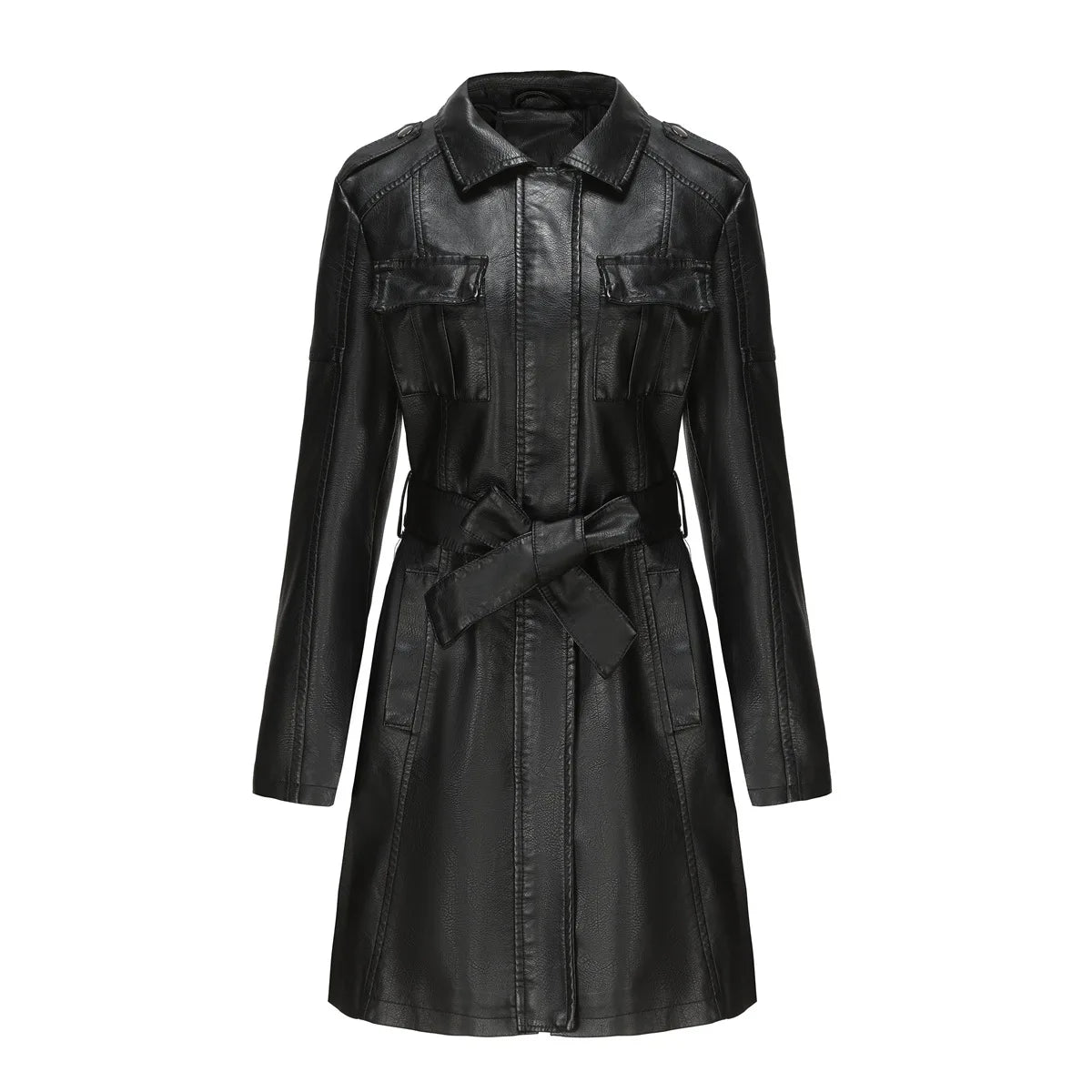 Women's Mid-length Leather Trench Coat with Belt，Solid Color