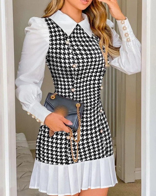 Womens Dresses Spring Fashion Houndstooth Button Decor Puff Sleeve Ruffle Hem Elegant Turn-Down Collar Daily A Line Dress long dress