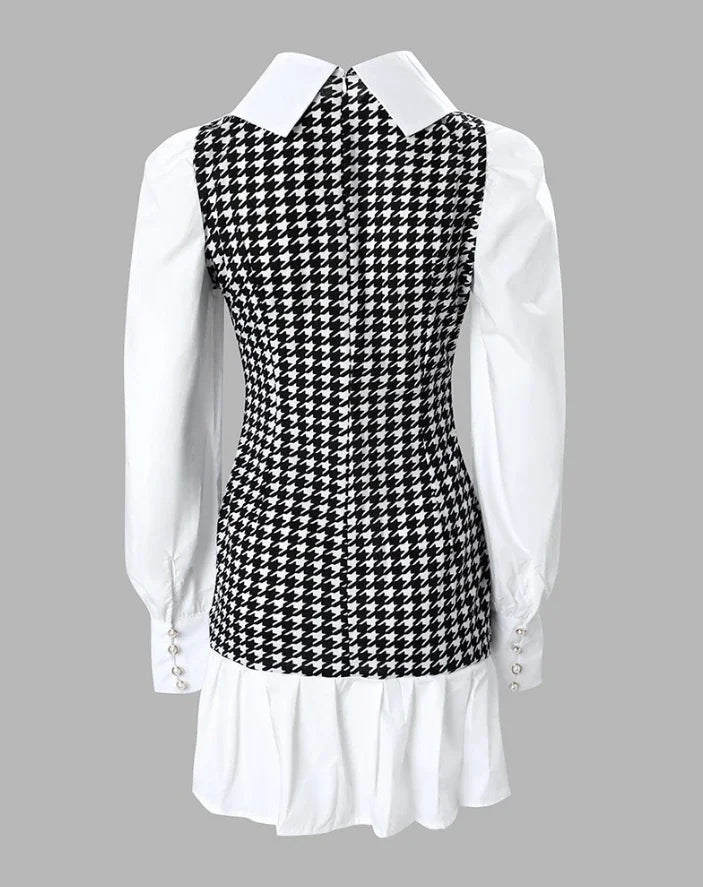 Womens Dresses Spring Fashion Houndstooth Button Decor Puff Sleeve Ruffle Hem Elegant Turn-Down Collar Daily A Line Dress long dress