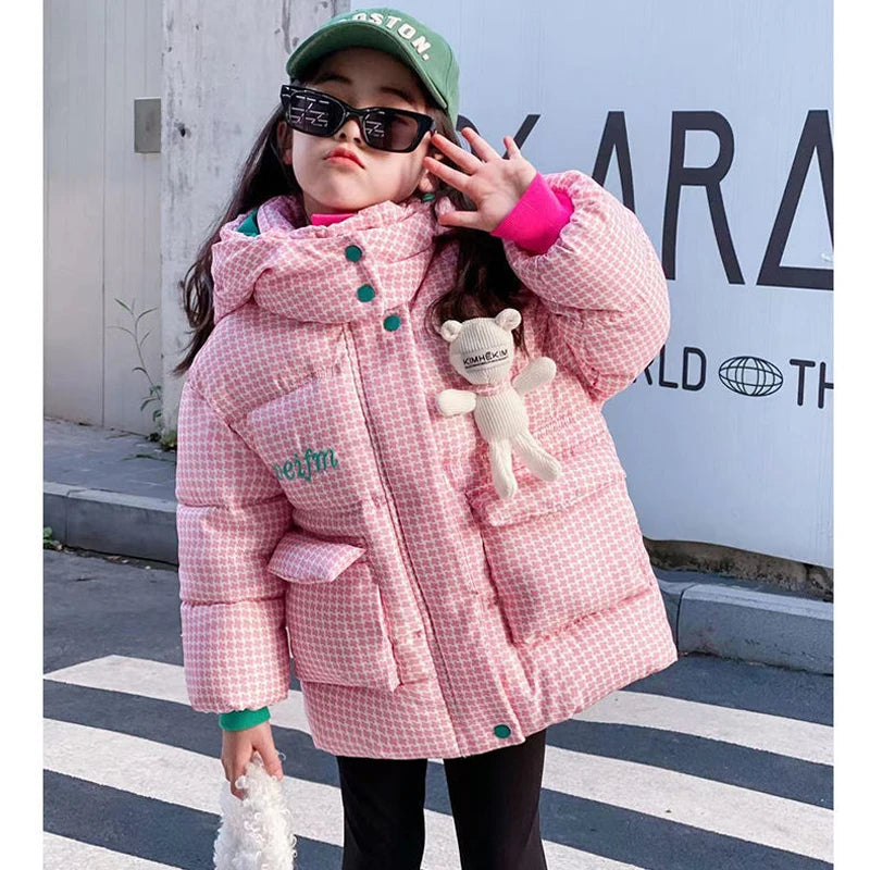 Winter Keep Warm Princess Girls Jacket Grid Design Padded Lining With Velvet Hooded Heavy Coat For Kids Sent Bear Doll girls jackets and coats