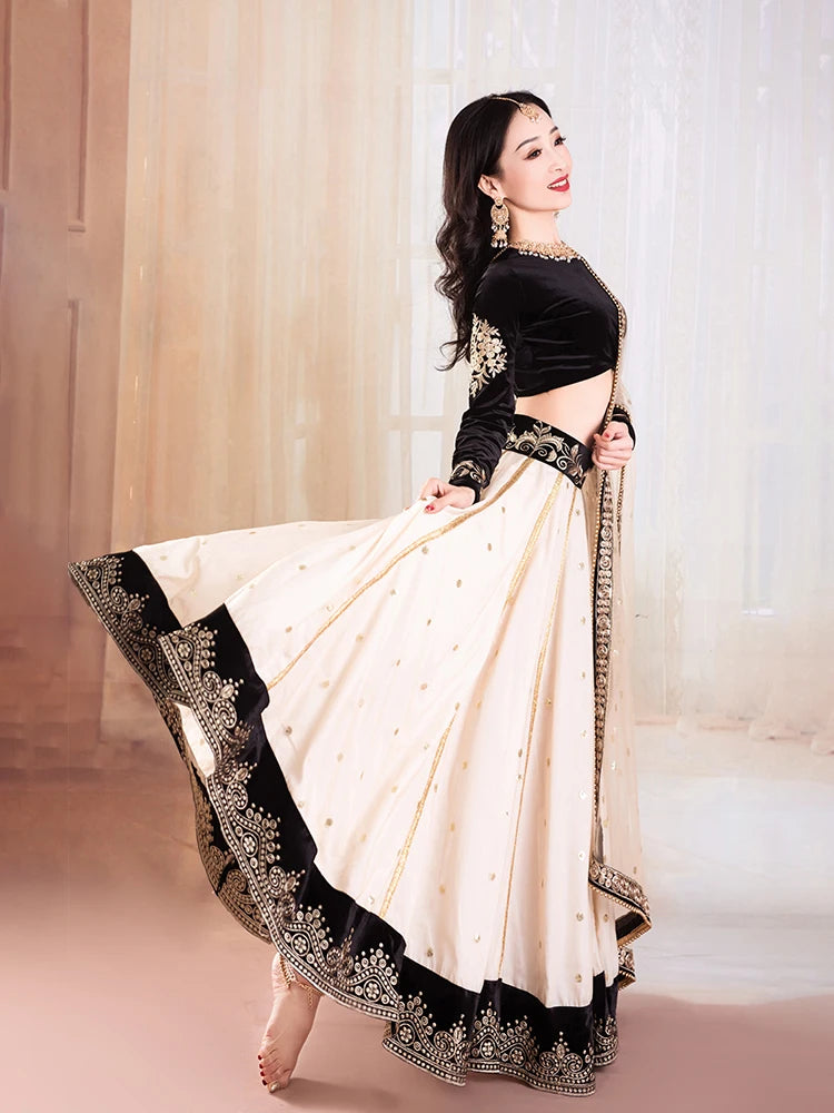 India Clothing Sarees For Performance Woman  Lehenga Choli Black Belly Dancing Dress Nepal Pakistan Embroideried party lehnga