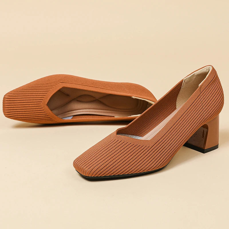 Women's high heels with multiple square toe knitted breathable and comfortable shoes for the new autumn of heel shoes