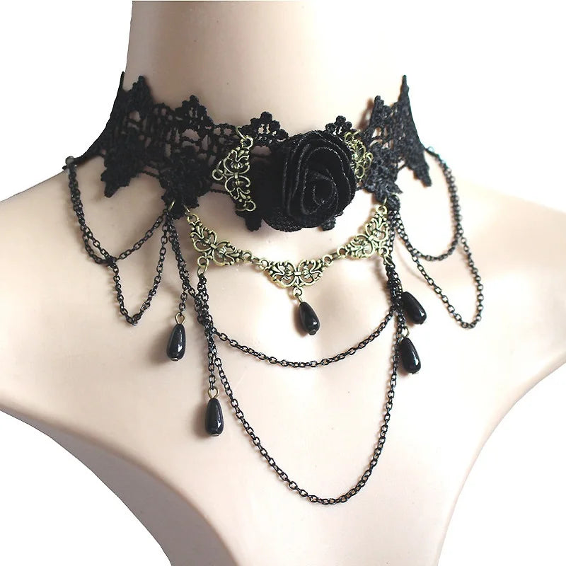 Gothic Victorian Black Lace Necklace Women Girl Boho Crystal Tassel Sexy Lace Choker Dark Loli Style Jewelry  necklace