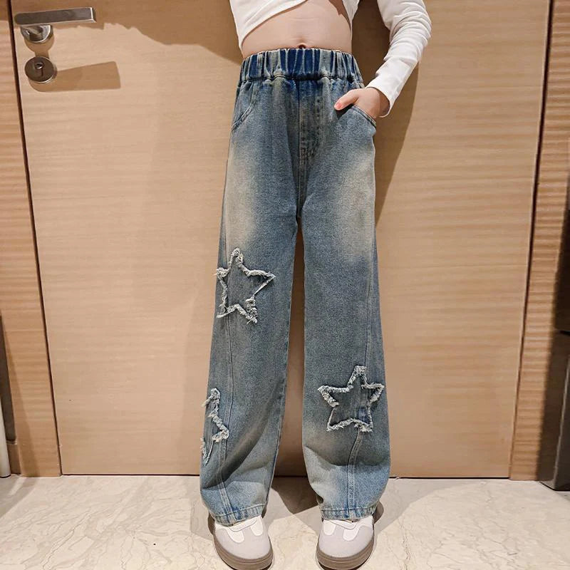 High Waist Jeans Girl Straight Loose Wide-leg Pants Spring and Autumn Korean Baggy Jeans Fashion Kids Denim Trousers bottoms girls