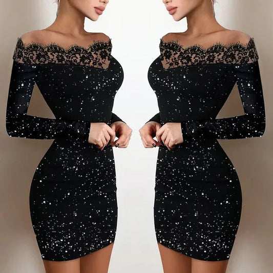 New Spring Women's Fashion, Elegance, Leisure, Sexy Long sleeved Lace Edge, One Shoulder Silver Powder Sprinkled  long Dress party dress