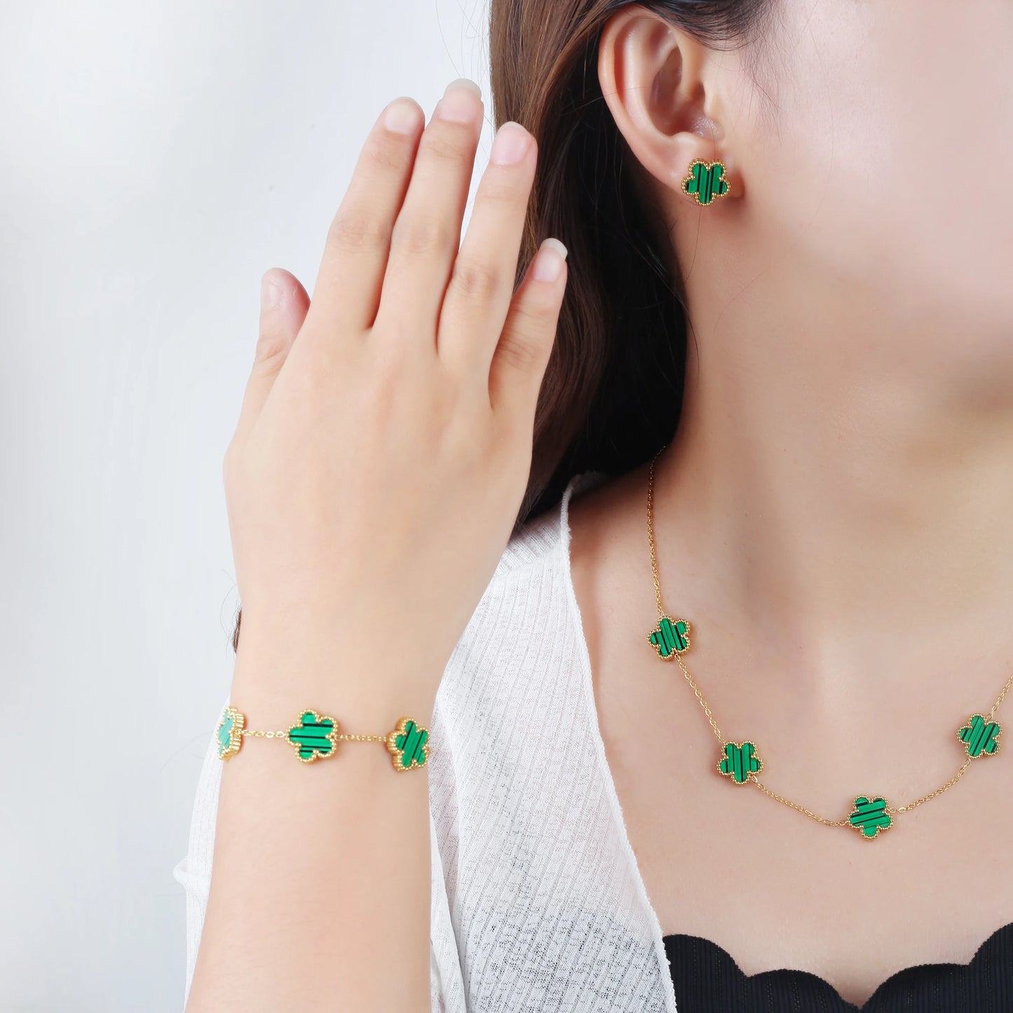 3 pezzi nuova tendenza in acciaio inossidabile cinque foglie fiore braccialetto collana orecchini set di gioielli classico per donna gioielli di lusso trifoglio