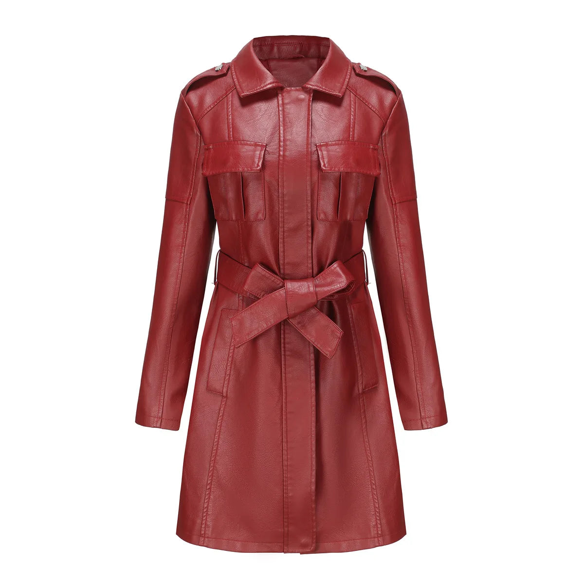 Women's Mid-length Leather Trench Coat with Belt，Solid Color