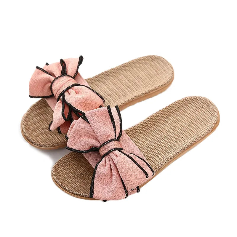 New Casual Sneakers For Home Slippers Summer Bow-knot Soft Floor Woman Indoor Flats Shoes Cute Linen Slipper