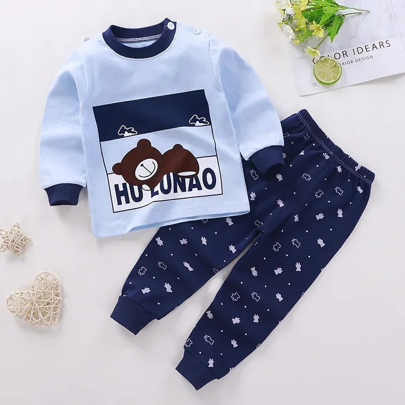 New Kids Boys Girls Pajama Sets Cartoon Print Long Sleeve Cute T-Shirt Tops with Pants Toddler Baby Autumn Sleeping Clothes night wear boys