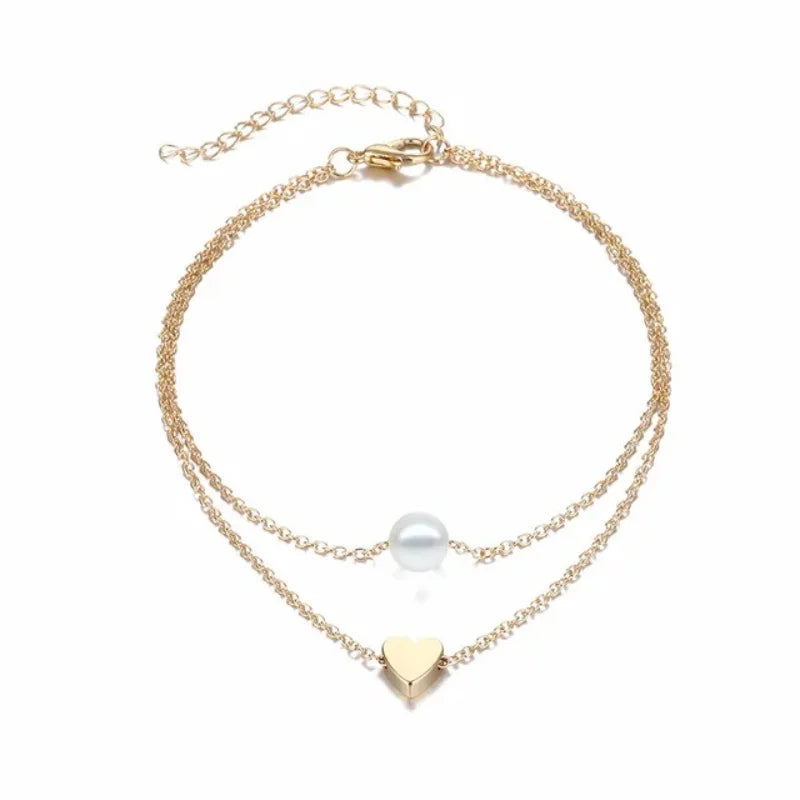 Two Layers Chain Heart Style Gold Color Anklets For Women Bracelets Summer Barefoot Sandals Jewelry On Foot Leg Chai anklet