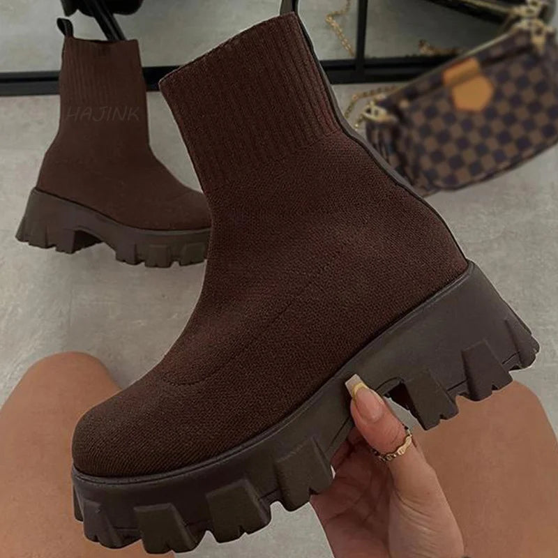 Women Boots Short Knitting Platform Boots Autumn Winter Shoes For Women Ankle Boots Heels White Winter Botas Mujer ankle boots