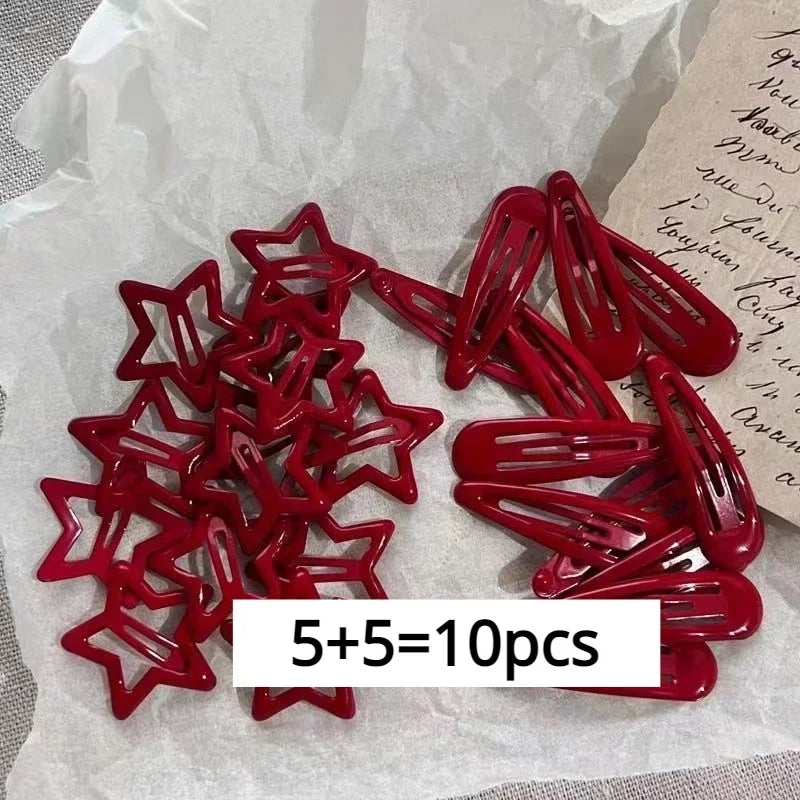 10 Pcs/Lot New Red Star Snap Clip for Girl Waterdrop Barrettes Black Hairpin Women Silver Hair Clip Accessories Kawaii BB Clip   hairclips